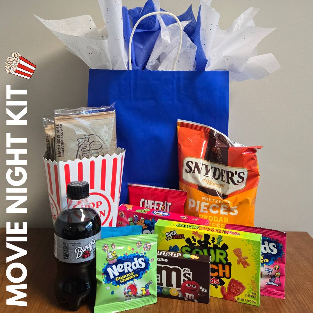 popcorn bucket, pretzels, pop, nerds candy, m&ms, sour patch kids, cheez its,